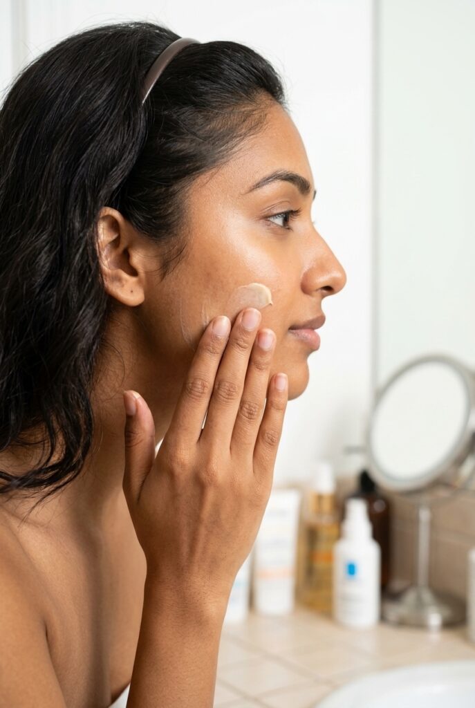 Indian woman in her 30s applying broad-spectrum SPF sunscreen to her face