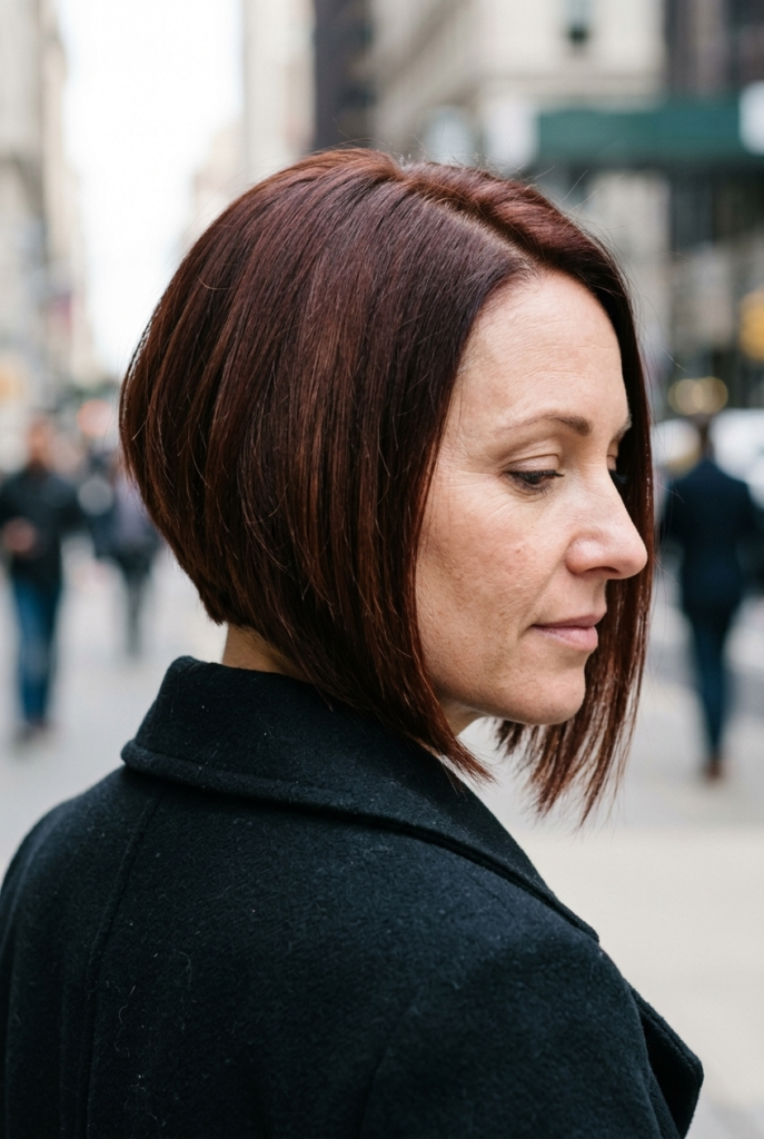 Mature woman with inverted bob and angled line