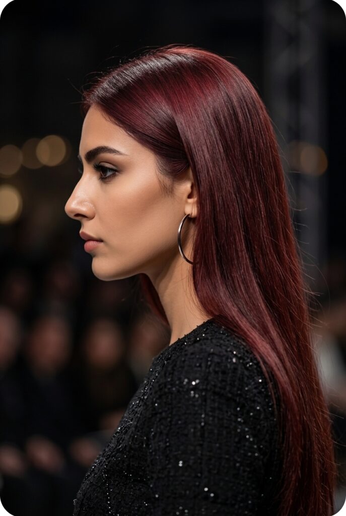 Iranian fashion parade female model with warm deep vintage red hair dye with wine undertones