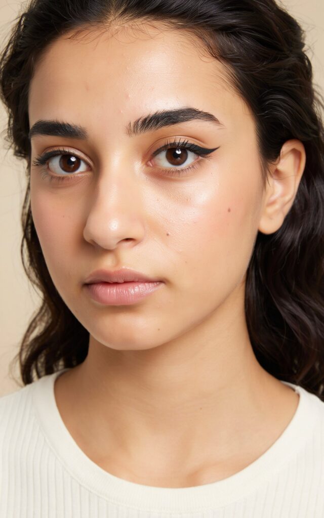Iranian teen girl with bold cat eye makeup, thick sharp winged black liner and minimal base
