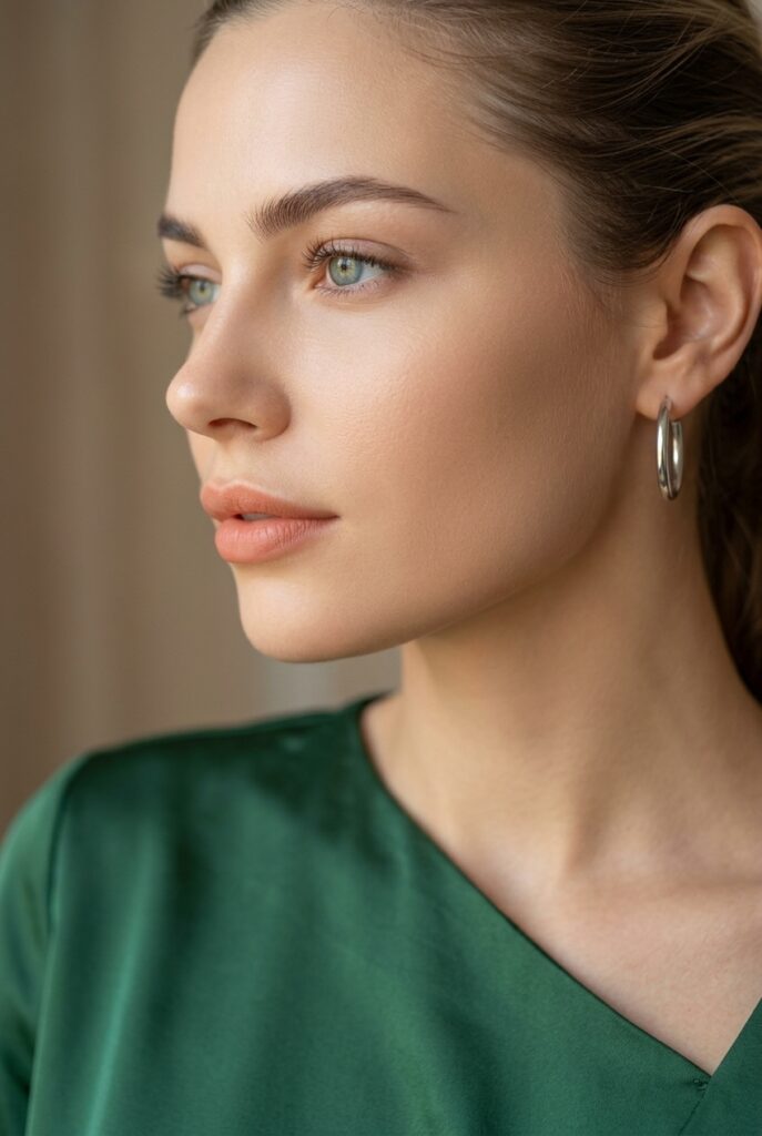 Italian female model in side profile showcasing a flawless soft blur foundation finish with smooth perfected skin and a natural matte luminous complexion
