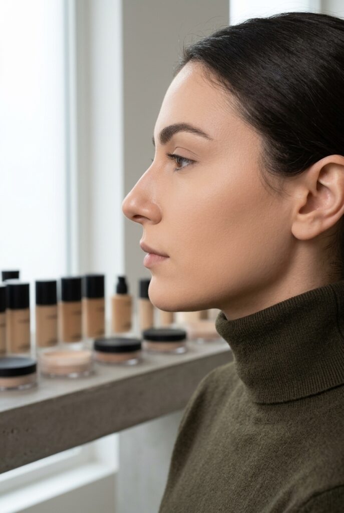 Italian female model in side profile showcasing a soft matte longwear foundation finish with shine free controlled skin and smooth full coverage complexion Italian female model in side profile showcasing a soft matte longwear foundation finish with shine free controlled skin and smooth full coverage complexion