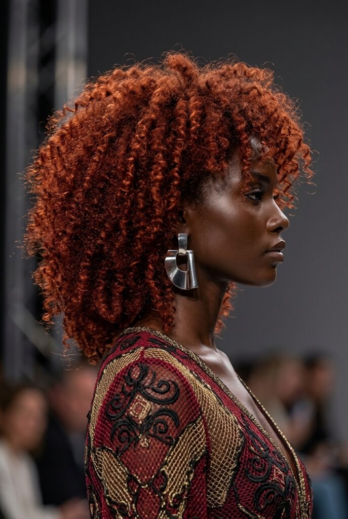 Jamaican fashion parade female model with warm vibrant copper-red natural curly hair dye