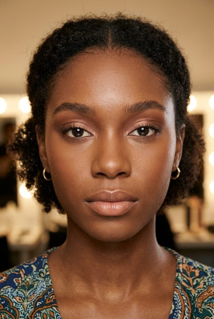 Jamaican teen girl with soft glam warm brown eyeshadow, mascara, and neutral nude lip