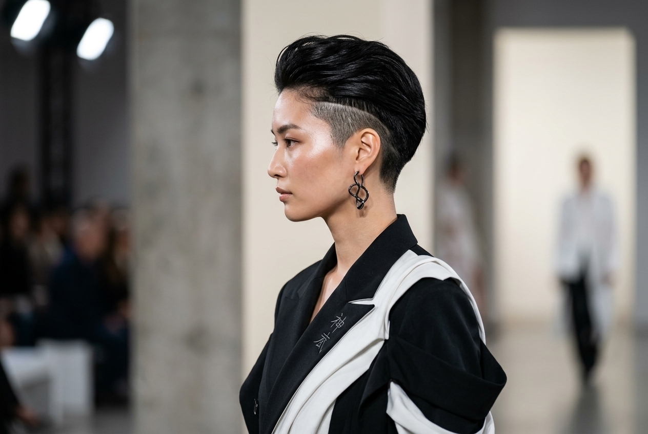 Japanese fashion parade female model over 40 with a modern undercut hairstyle