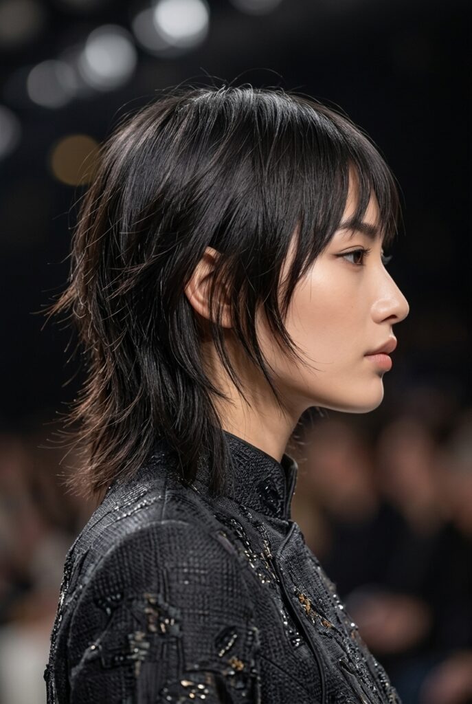 Japanese fashion parade female model with a mini shag haircut for thin straight hair