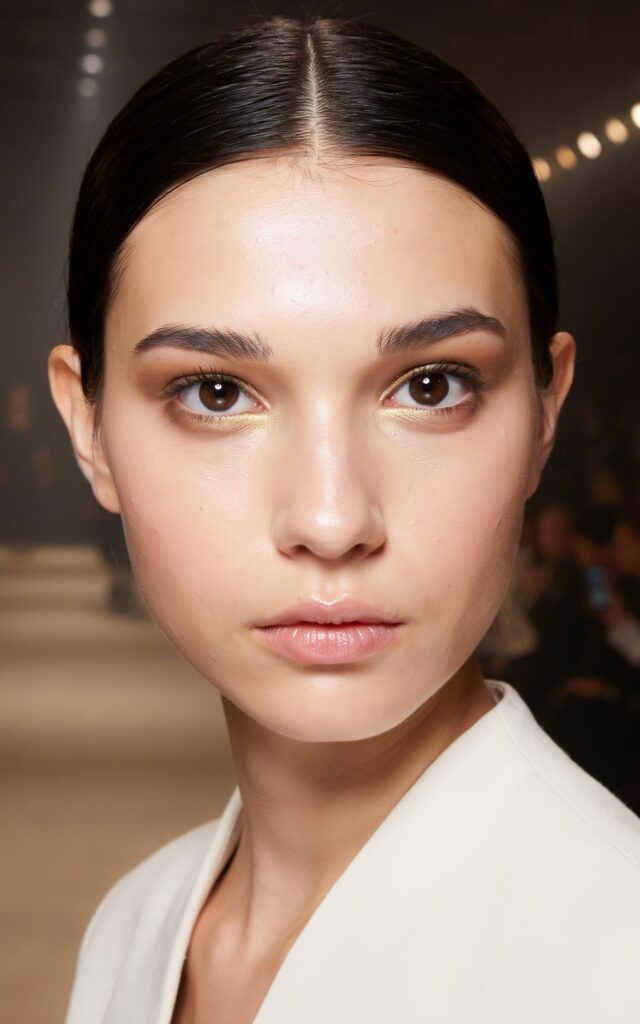 Japanese fashion parade teen model with graphic gold inner corner highlight, minimal eye makeup look