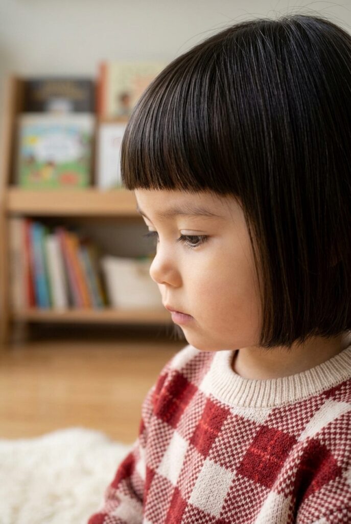 Japanese toddler girl, closeup to her blunt bangs haircut