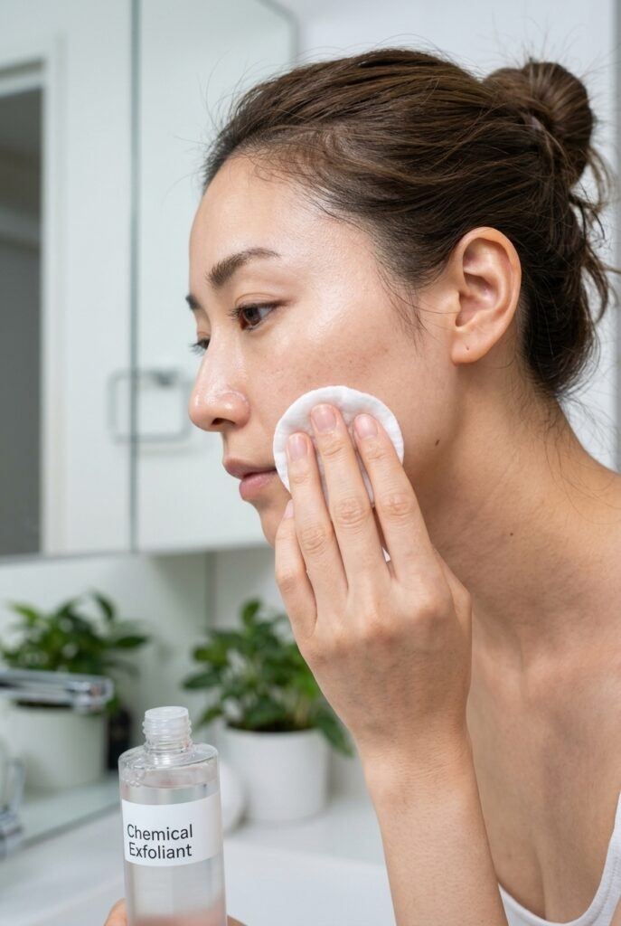 Japanese woman in her 30s applying a chemical exfoliant to her face