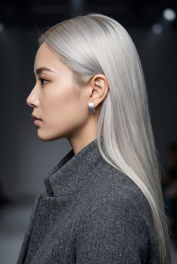 Japanese woman with shimmering platinum blonde hair dye result