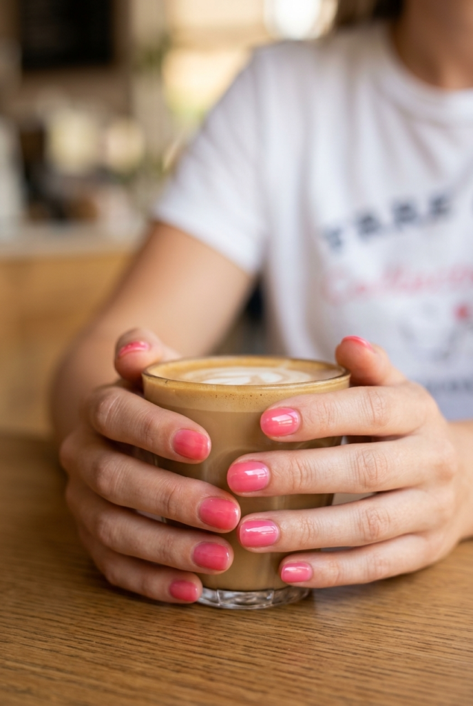 Jelly Pink Woman in a white graphic tee with short rounded jelly pink translucent glossy nails wrapped around a coffee cup in a cafe setting Want to be notified when Claude responds?