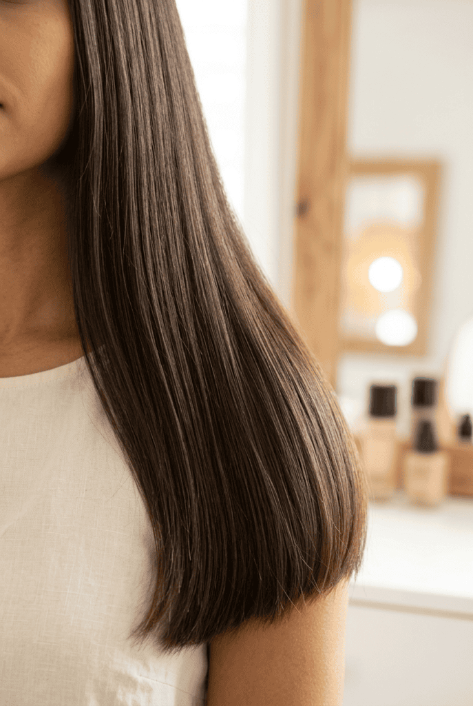 Smooth frizz free thick brunette hair after serum application