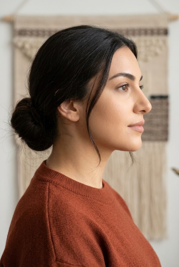Jordanian female model in side profile showcasing a second skin foundation finish with visibly even natural coverage and a flawless barely there complexion Jordanian female model in side profile showcasing a second skin foundation finish with visibly even natural coverage and a flawless barely there complexion