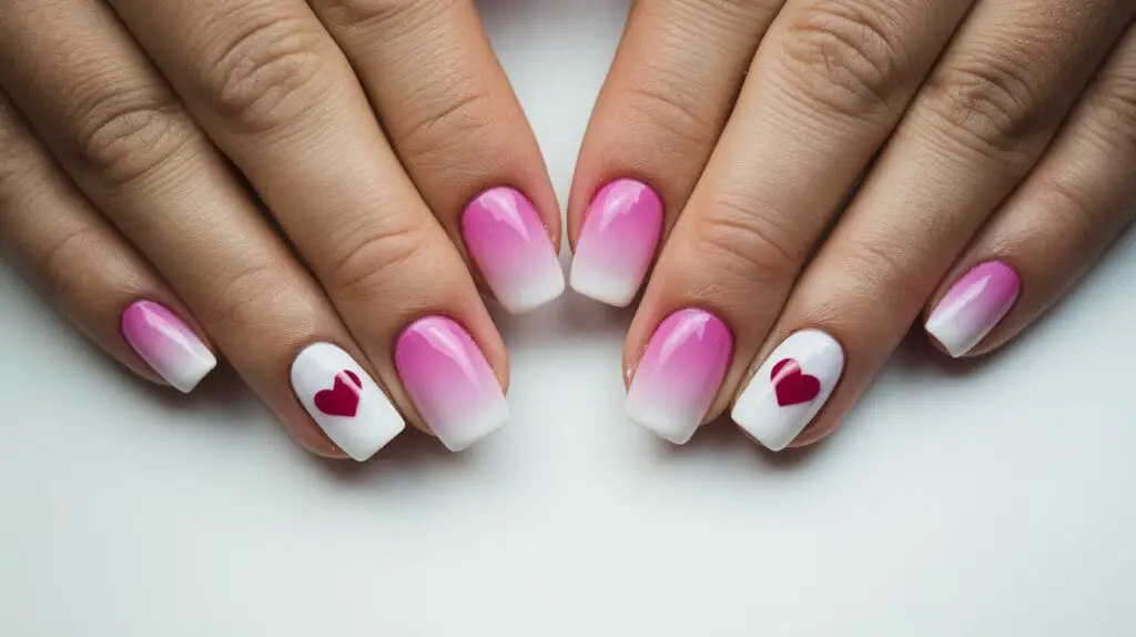 A photo of a pair of ombre nails. The nails have a gradient of pink to white, with a small, dark pink heart on the pinky nail. The nails are placed on a white background.