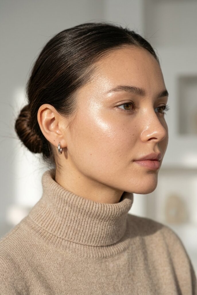 Kazakhstani female model in side profile showcasing a skincare foundation hybrid skin tint with visibly glowing plump and radiant skin and a sheer dewy natural finish Kazakhstani female model in side profile showcasing a skincare foundation hybrid skin tint with visibly glowing plump and radiant skin and a sheer dewy natural finish