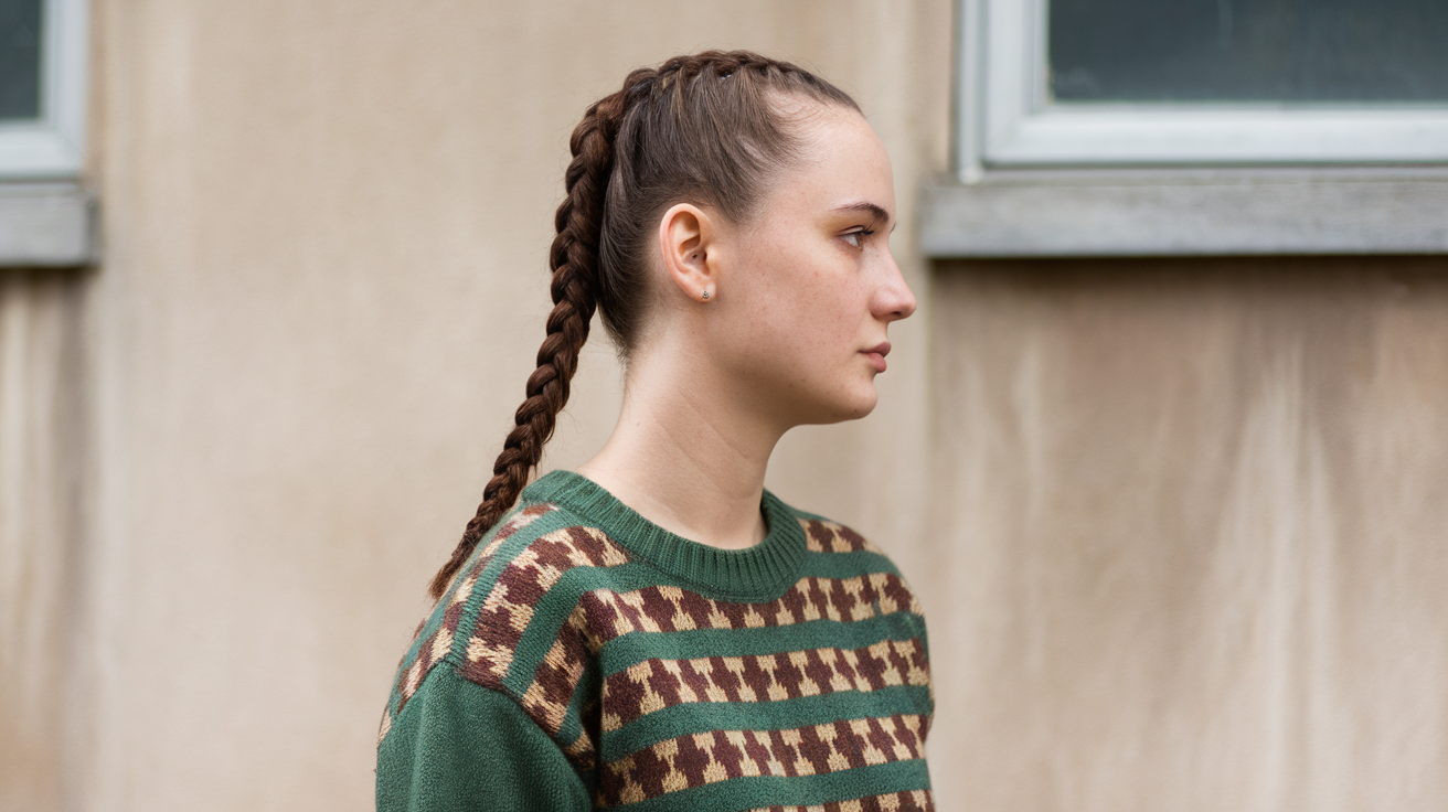 Bosnian woman with a square face and a French braid down her back