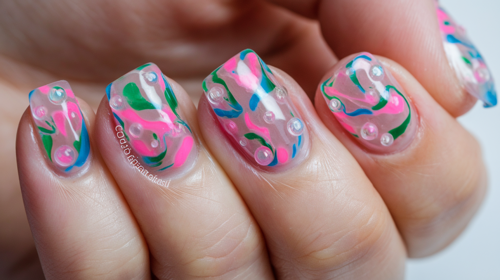 jelly nail art design. The nails have a translucent, jelly-like appearance with swirls of pink, blue, and green