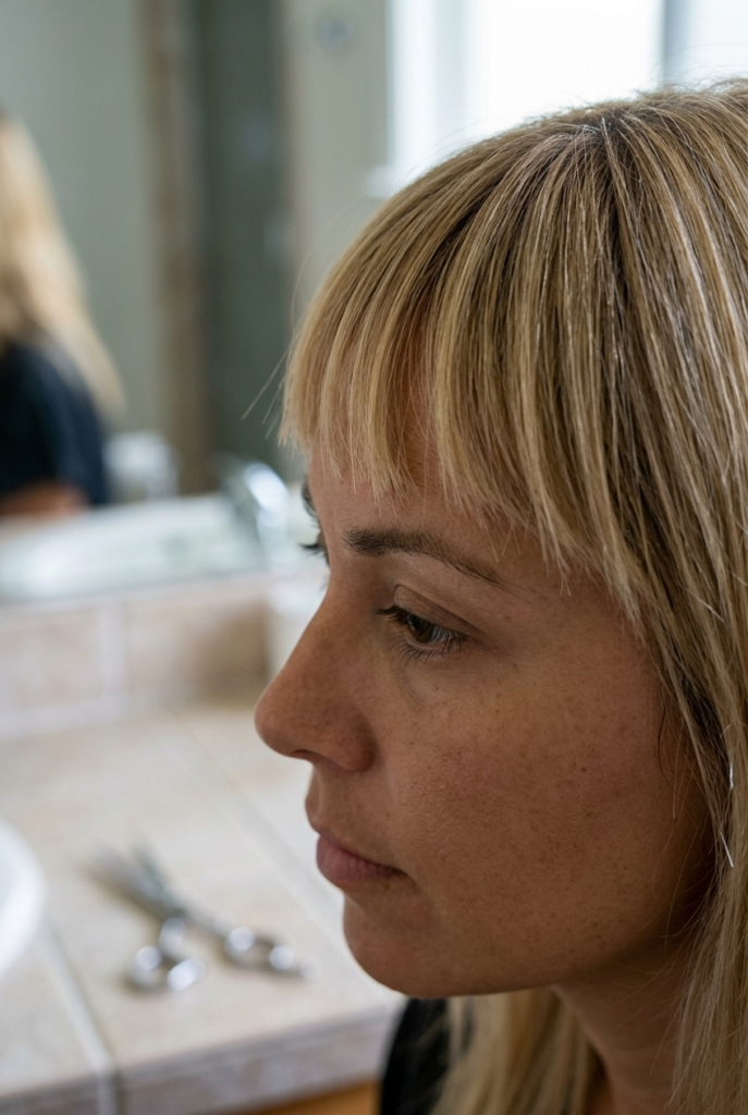 Woman with French bangs trimmed at home with softly feathered ends