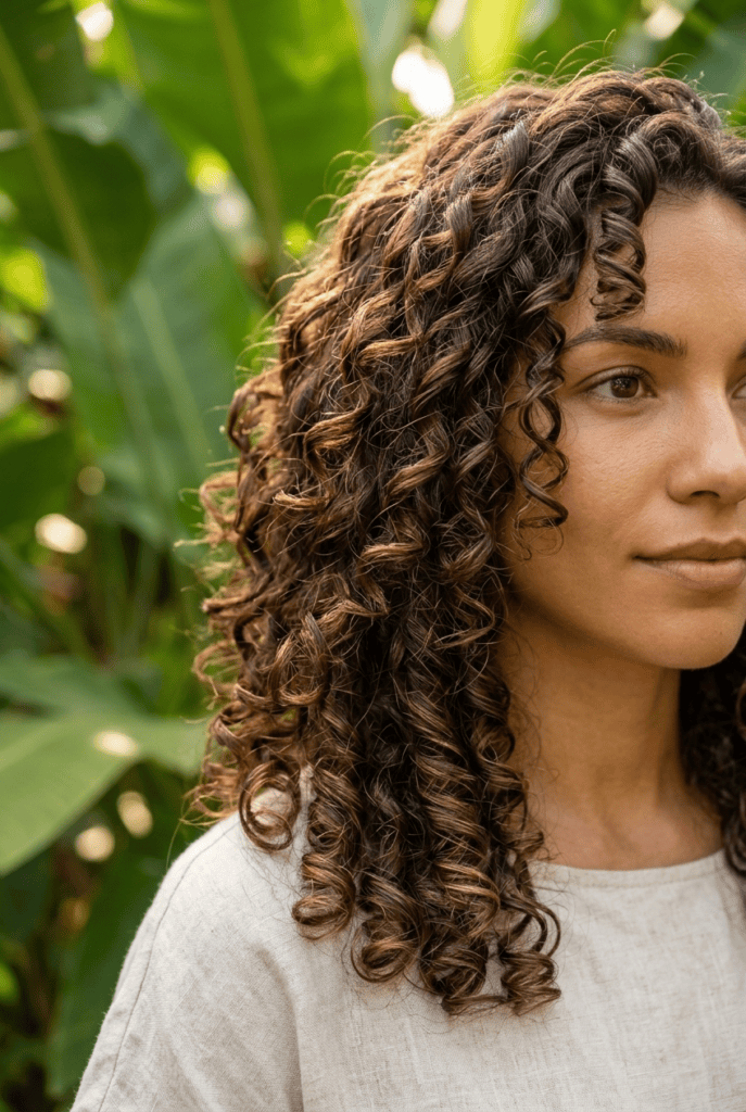 Defined smooth curly hair controlled in humid weather