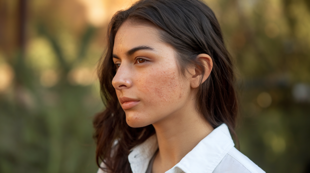 A photo of a side profile of an Argentine woman with acne-prone oily skin. She has dark hair and is wearing a white shirt. The background is blurred and contains greenery. The lighting is warm.