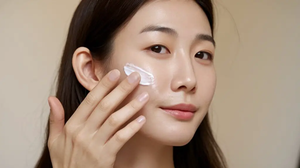 Korean Woman Applying Cream Closeup