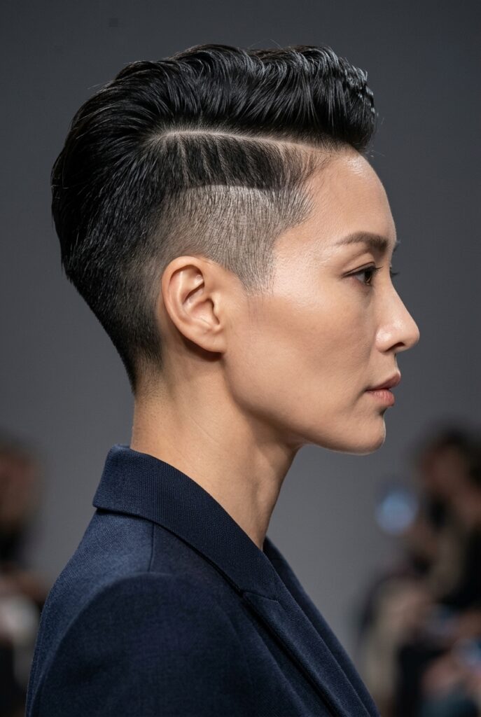 Korean fashion parade female model over 40 with a disconnected undercut hairstyle