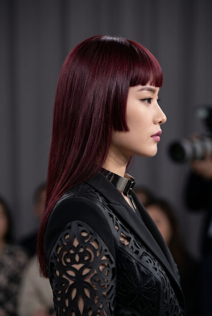 Korean fashion parade female model with deep dark garnet red hair dye