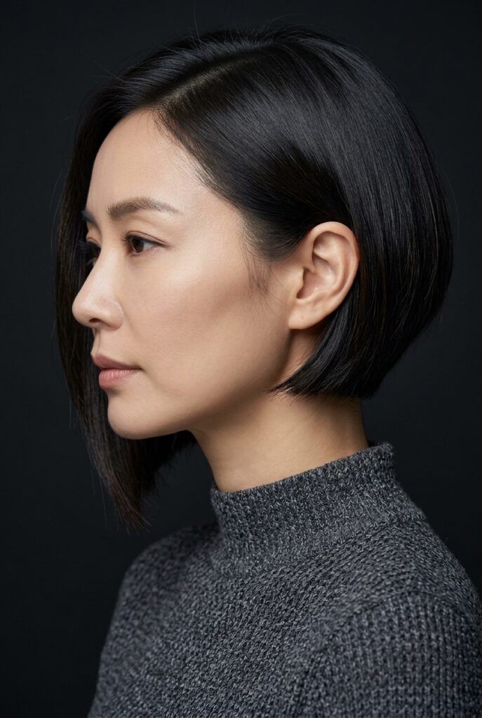 Korean female model in her late 40s with an asymmetrical ear-length bob haircut
