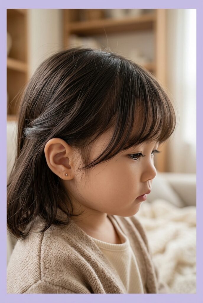 Korean toddler girl, closeup to her curtain bangs haircut