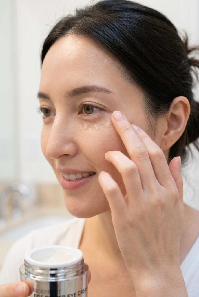 Korean woman in her 30s applying eye cream with peptides around her eye area