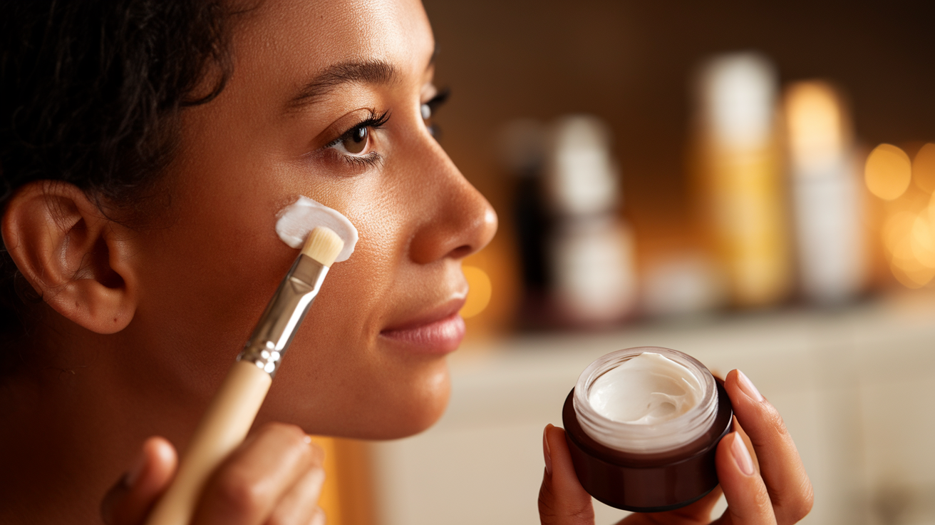 A closeup side profile photo of an American woman with warm lighting. She is applying anti-aging skin care on her face. There is a cream in a small jar and a brush. The background is blurred and contains skin care products.