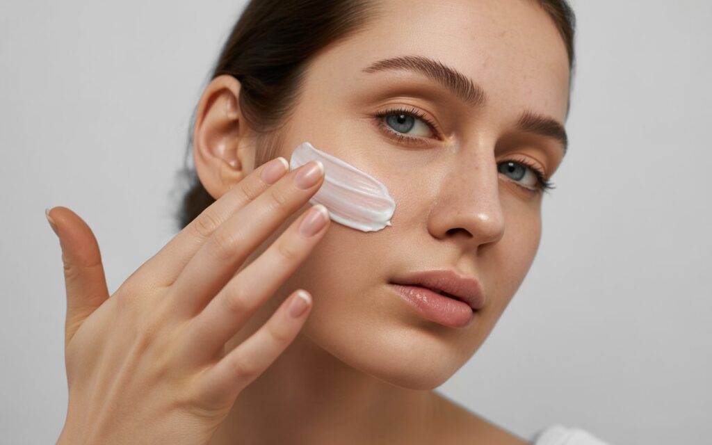 woman applying skincare product on dry skin