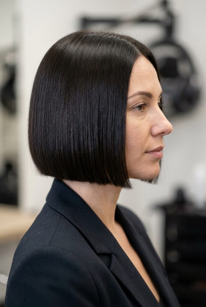 Laser line bob haircut with a sharp jaw grazing edge