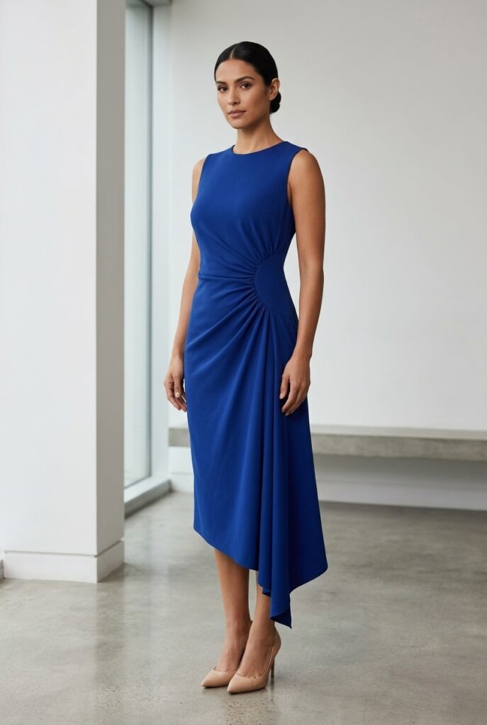 Latin woman in a cobalt blue asymmetric drape midi dress standing in a minimalist interior
