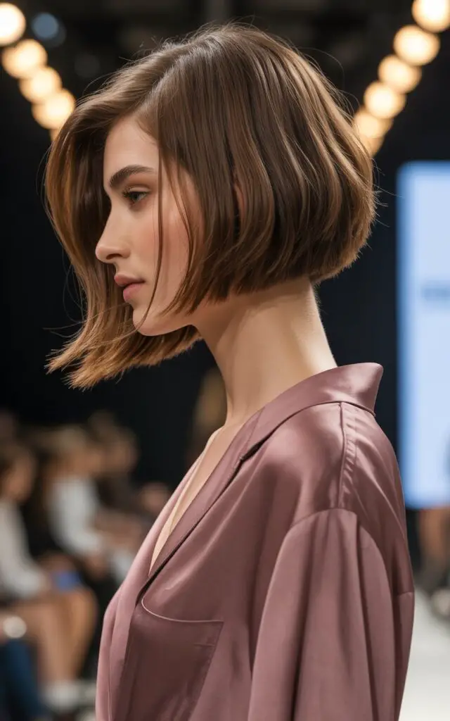 Layered Bob at collarbone length with hidden layers for movement and volume to look younger, casual outfit with burgundy color