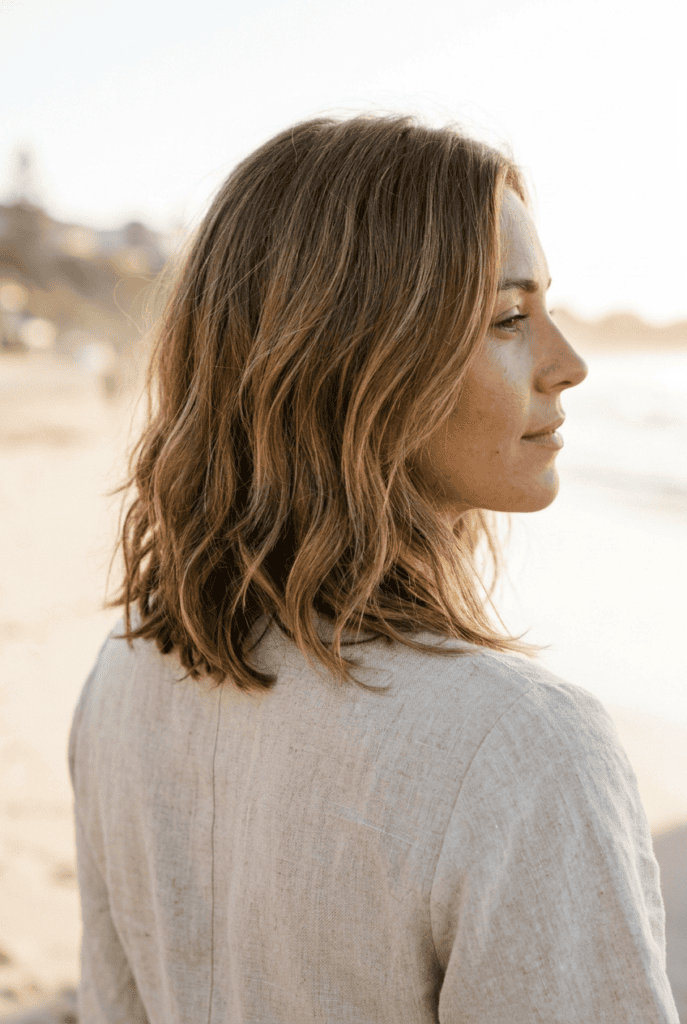 Woman with layered lob haircut and loose waves