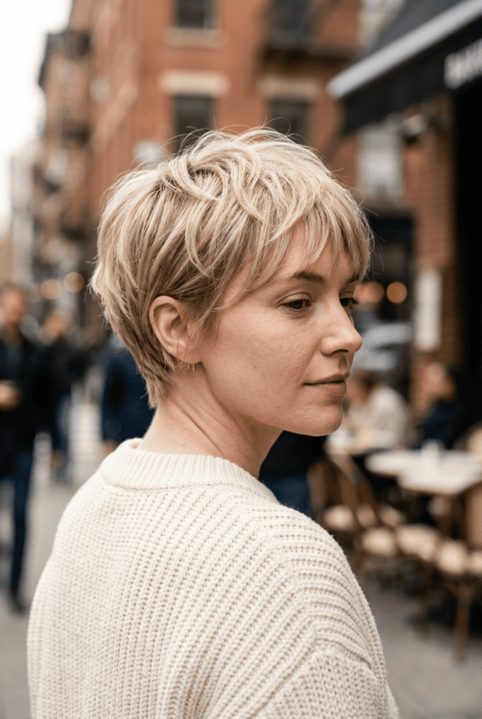 Woman with short layered pixie and wispy bangs