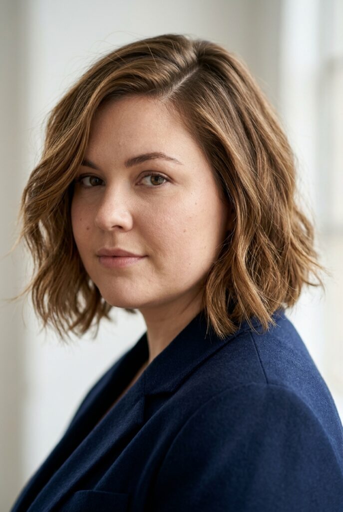 Layered bob haircut with deep side part on a round face