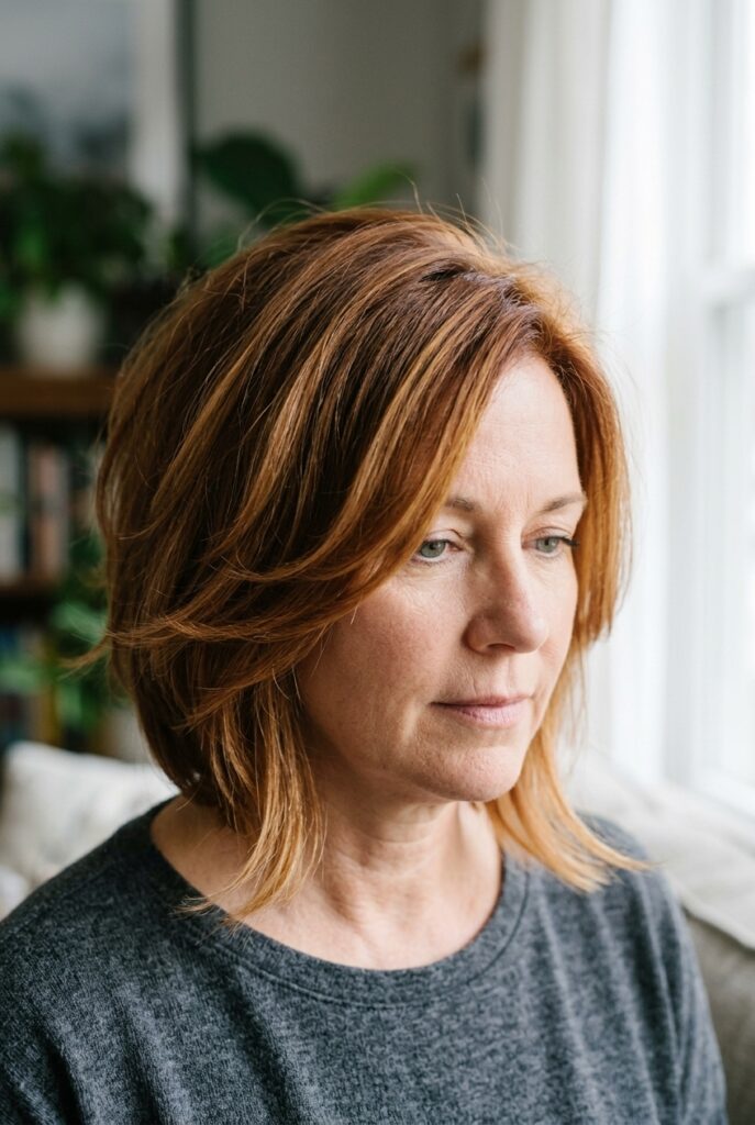 Layered bob with face framing copper highlights on a woman over 50