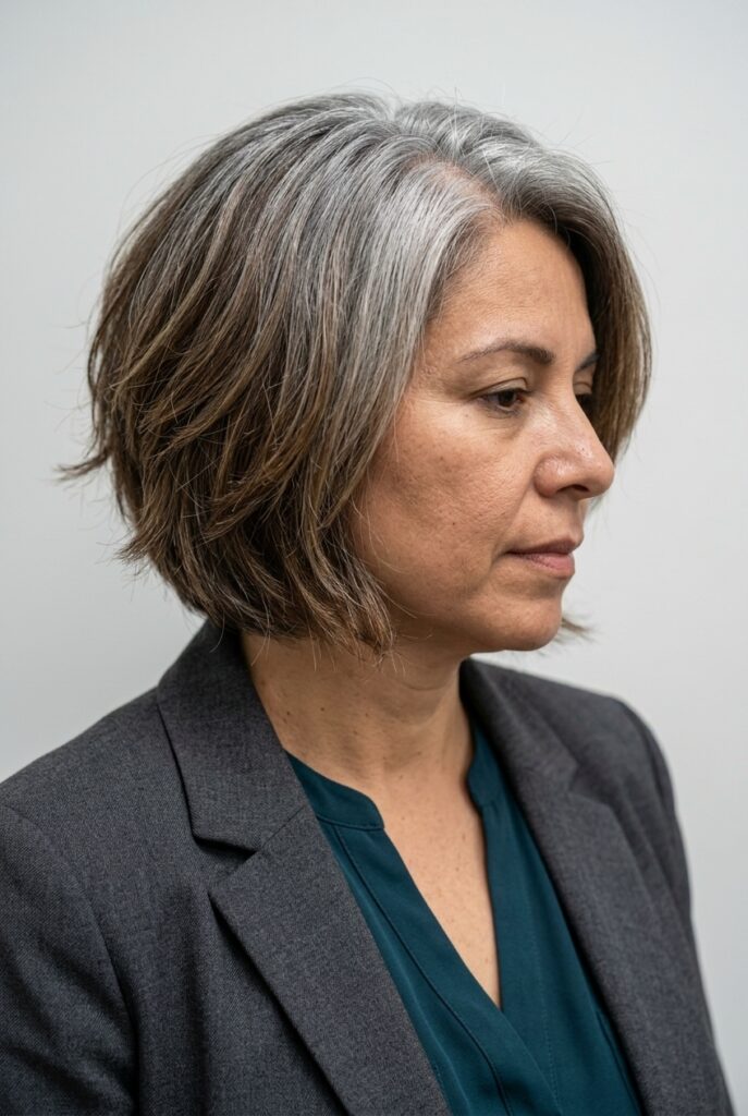 Layered haircut strategically cut to blend natural gray roots into colored ends during grow-out