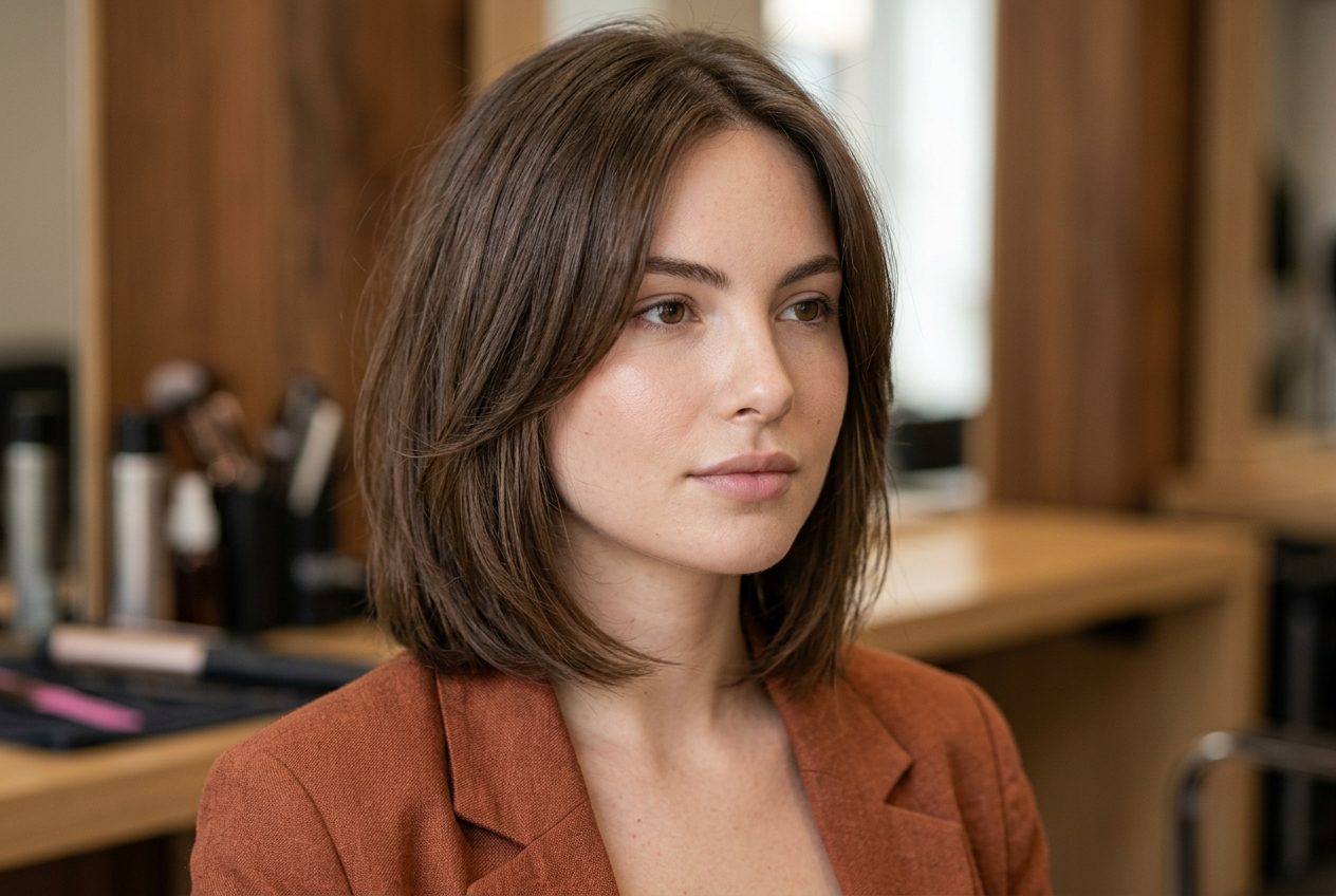 Layered haircut with face framing pieces on a round face