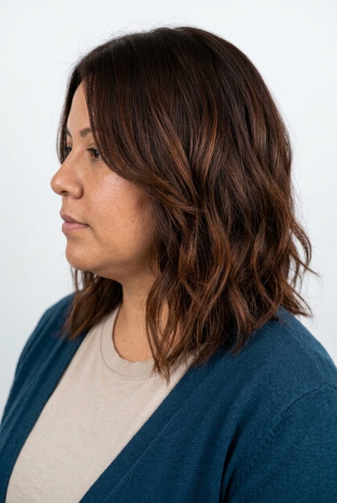 Layered long bob on a round chubby face