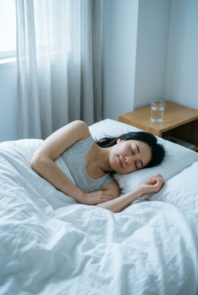 Learn to Rest — Seriously Japanese woman sleeping peacefully in a cool calm bedroom for muscle recovery rest