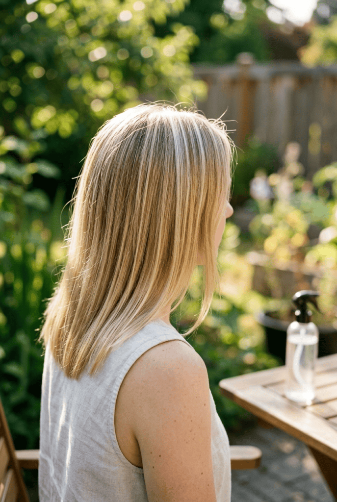 Lemon Juice and Sunlight Sun brightened blonde hair with light streaks outdoors