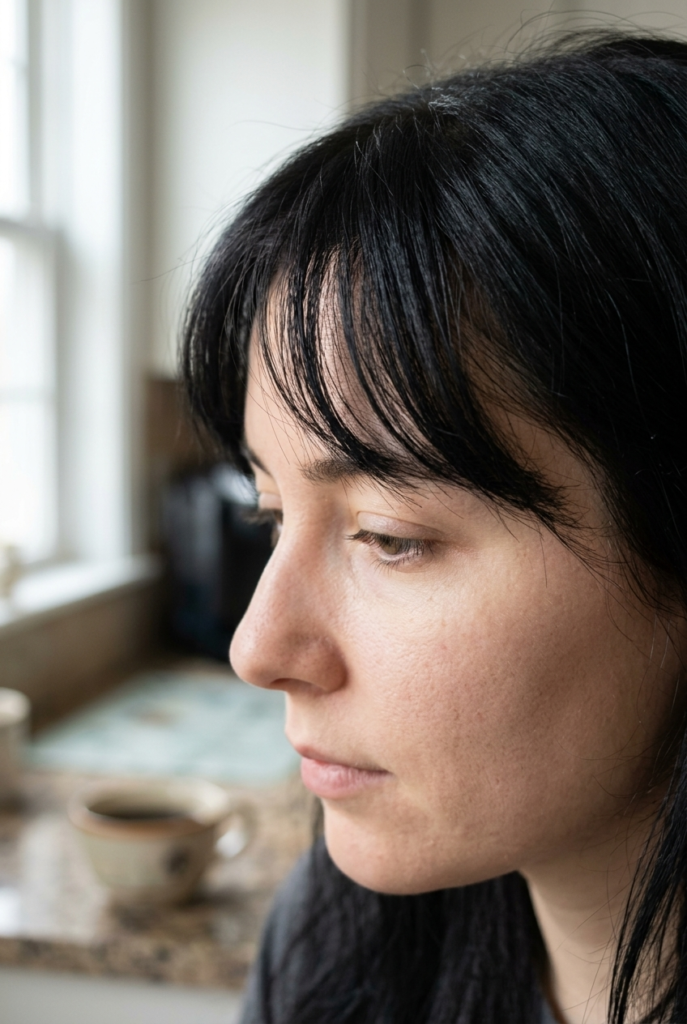 Woman with air dried French bangs showing soft separated texture