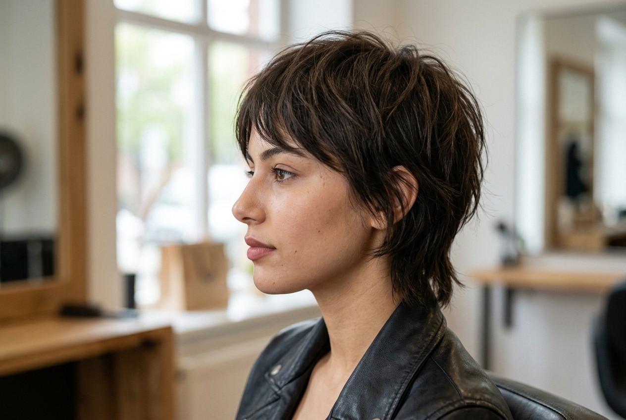 Libyan woman with short choppy haircut wearing a leather jacket in side profile