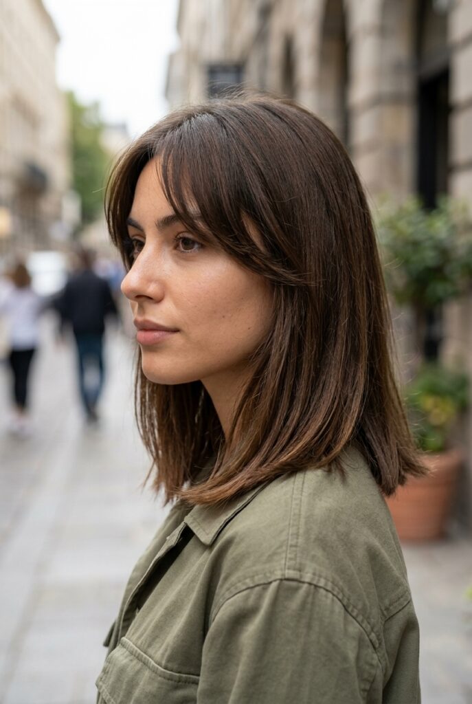Lob haircut with center parted curtain bangs framing the face