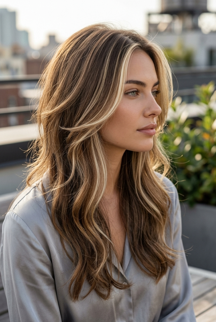 Long Cascading Layers with a Money Piece Woman with long cascading layers and money piece highlights framing the face with soft natural waves