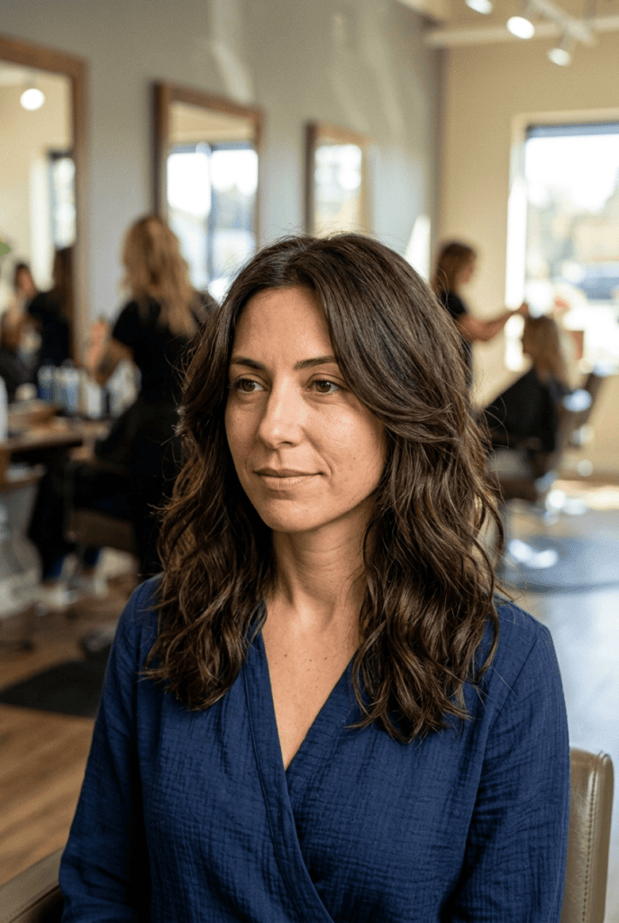Woman with long layered haircut framing her oval face