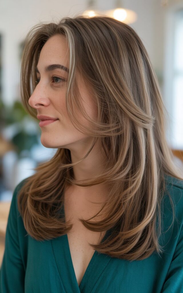 A woman in her mid-30s shown in side profile, with long layered hair that falls well past the shoulders toward the mid-back